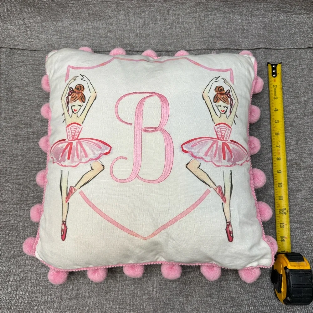Monogrammed “B” Girls Throw Pillow Ballet Pom Pom Fringe